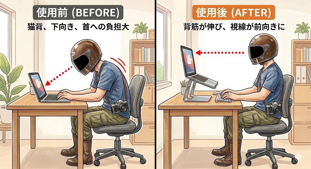 alt="PCスタンドの使用前後"